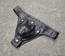 Men’s Real Leather Jockstrap Thong Brief with Detachable Front Pouch Clubwear