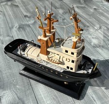 Vintage Wooden Tugboat “HAMBURG/AMSTERDAM” Handmade Model On Stand 33 x 8 x 28cm
