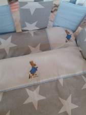 peter  rabbit cot bed quilt and pillow embroidered. Grey and white stars 