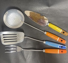 4 Vintage Skyline Prestige Kitchen Utensils Wooden Handles Yellow Orange Blue