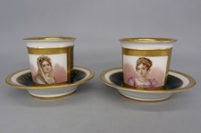 2 Beautiful 19th Century French Sevres Porcelain Portrait Cup & Saucers