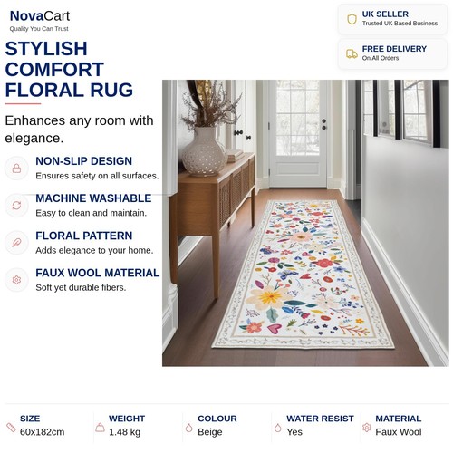 Floral rug runner beige - rug,