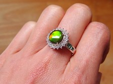 Natural Canadian Ammolite, Emerald and Zircon Halo 925 Sterling Silver Ring Sz M