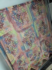 RECLAIMED HANDCRAFT MULTICOLOURED GEOMETRIC BED COVER BEDSPREAD 