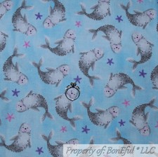 BonEful FABRIC FQ Cotton Quilt Blue Water Sea Lion Star Fish Shell Ocean Beach S