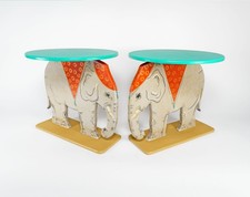 Pair Of Vintage British Hand-Painted Colourful Indian Elephant Side Tables
