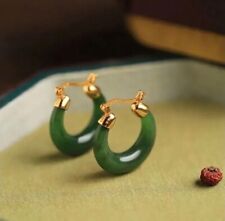 Green Hetian Jade Hoop Earrings 18k Gold Plated Hinged Vintage Retro