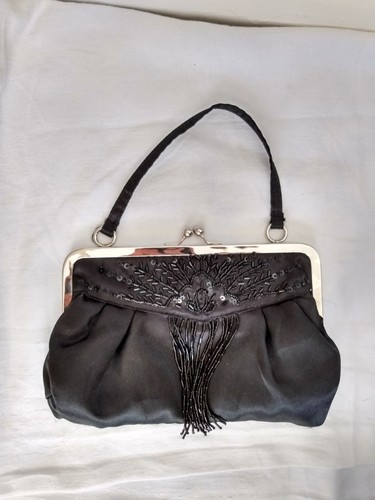 Black satin beaded evening - black,