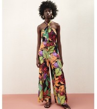 Zara 100% Cotton Multicoloured Tropical Print HalterNeck wide-leg Jumpsuit Med