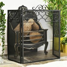 Black Ornate Scroll Three Fold Fireguard Fire Screen Spark Guard