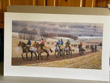 rARE HORSE RACING art print Snow at Seven Barrows by Peter Curling.