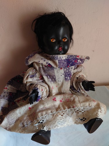 Vintage black rosebud - black, doll