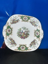 Vintage Coalport Broadway Green Cake Plate Bone China England Gold Rim Floral