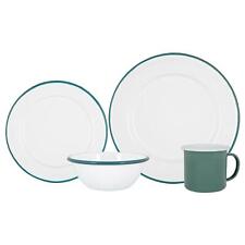 16 Piece White Enamel Dinner Set Metal Camping Plates Bowls Mugs for 4 Green
