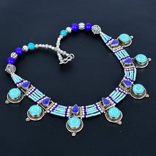 Turquoise Lapis Lazuli Ethnic 925 Sterling Silver Tibetan Nepali Necklace 18" i7