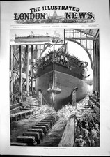 Antique Old Print Launch Hms Rodney Chatham Cheering Workers Spectators 1884