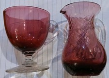 Antique Victorian? Cranberry Glass Jug and cup clear handle 