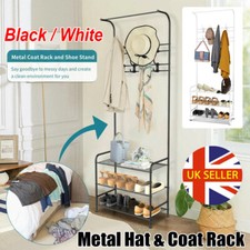 Coat and Hat Stand 8 Hooks Metal Shoe Rack 3 Tiers Shelf Hanger Black