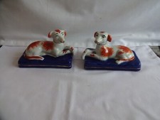 Antique Pair Staffordshire Recumbent Greyhounds on Blue Plinths Height 8x14x6cm