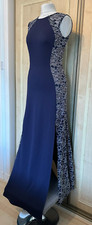 Lipsy Navy Blue Maxi Dress with Lace Effect Sides & Slit Occasion Dress- Size 12