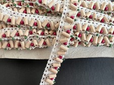 Vintage Beaded Cotton Cluny Lace Trim Braid Wooden Beads Natural 16mm by meter