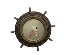 Vintage Nautical-themed Mirror Ship’s Porthole Wood and Brass Frame