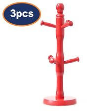 Mug Tree Wooden 6 Cups Stand Red Kitchen Holder Storage Rack Organiser 3Pcs