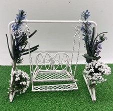 Dolls House white wire garden furniture swing with flowers in   1/12th Scale