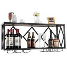 39 Bottles Wall Mounted Wine Rack Wine Display Shelf  w/6-Row of Stemware Holder