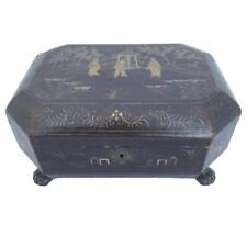 Antique Chinese 19th century gilt & brown lacquer sewing box fitted tray & tools