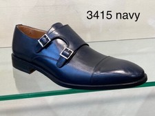 Men's Navy Double Buckle Monk Toe Cap All Leather Shoes * Now Clearance Price*