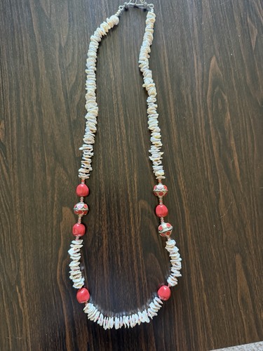 Faux pearl and red bead - pearl,