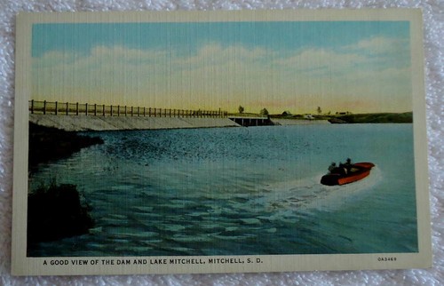 Linen postcard the dam lake - dam,