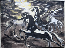 Dramatic Horse Equine Abstract Stylised Watercolour Painting c1950/60s. Unframed