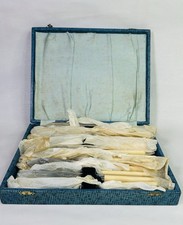 6 Vintage Chrome Plated  & Creamy Celluloid Handle Fish Flatware + Forks In Case