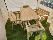 Solid wood garden patio dining furniture set: bench x2, chair x2, table x1