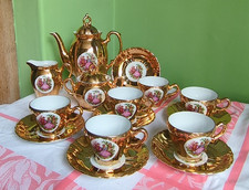 VINTAGE ESPRESSO COFFEE SET GOLD LUSTRE WARE FOREIGN BAVARIA ~ COMPLETE 15 PIECE