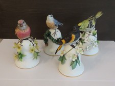 Franklin Mint Porcelain Bird Bells. Redstart Nuthatch Goldcrest Linnet. 2 a/f.