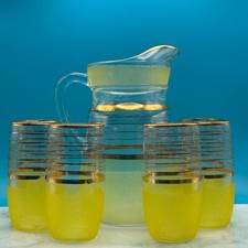 MCM 7 Piece Lemonade Set - Yellow Sugar Frosted & Gilded Pitcher with Tumblers