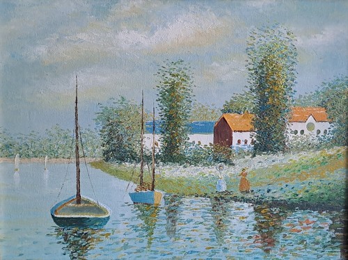 Oil canvas lake scene boats - scene,