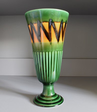 Devonshire Potteries trumpet vase later Trentham art ware tall green footed vase