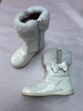 Girls Andanines Boots Infant Size 5 White Patent Leather Faux Fur Boots Diamanté