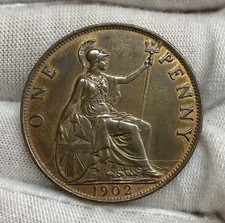 1902 British Edward VII Low Tide Penny Bronze Coin Lustrous Eye Appeal Scarce