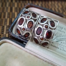 Vintage 925 Sterling Silver Stud Earrings, Genuine Red Garnet, Pierced Clip 