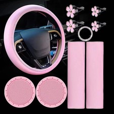 10 PCS Steering Wheel Cover for Women, Cute Car Accessories Set Pink