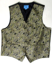 Mens Gold and Black Paisley Brocade Waistcoat 2XL 46-48" Chest Black Satin Back