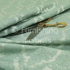 Embroidery Textured Damask Floral Pattern Aqua Green Chenille Upholstery Fabric