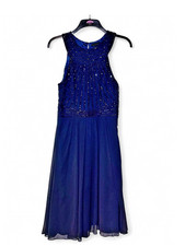Women's Debut Evening Dress Navy Blue Chiffon, Lined Beaded Bodice Size -12
