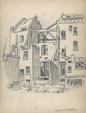 WESTMINSTER LONDON Pencil Drawing c1948 - WW2 BLITZ DAMAGE