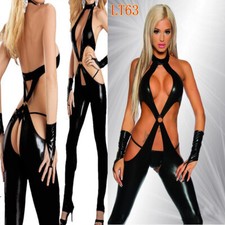 Bondage Shiny Wet Look PVC Black Fetish Sexy Womens Catsuit Crotchless
